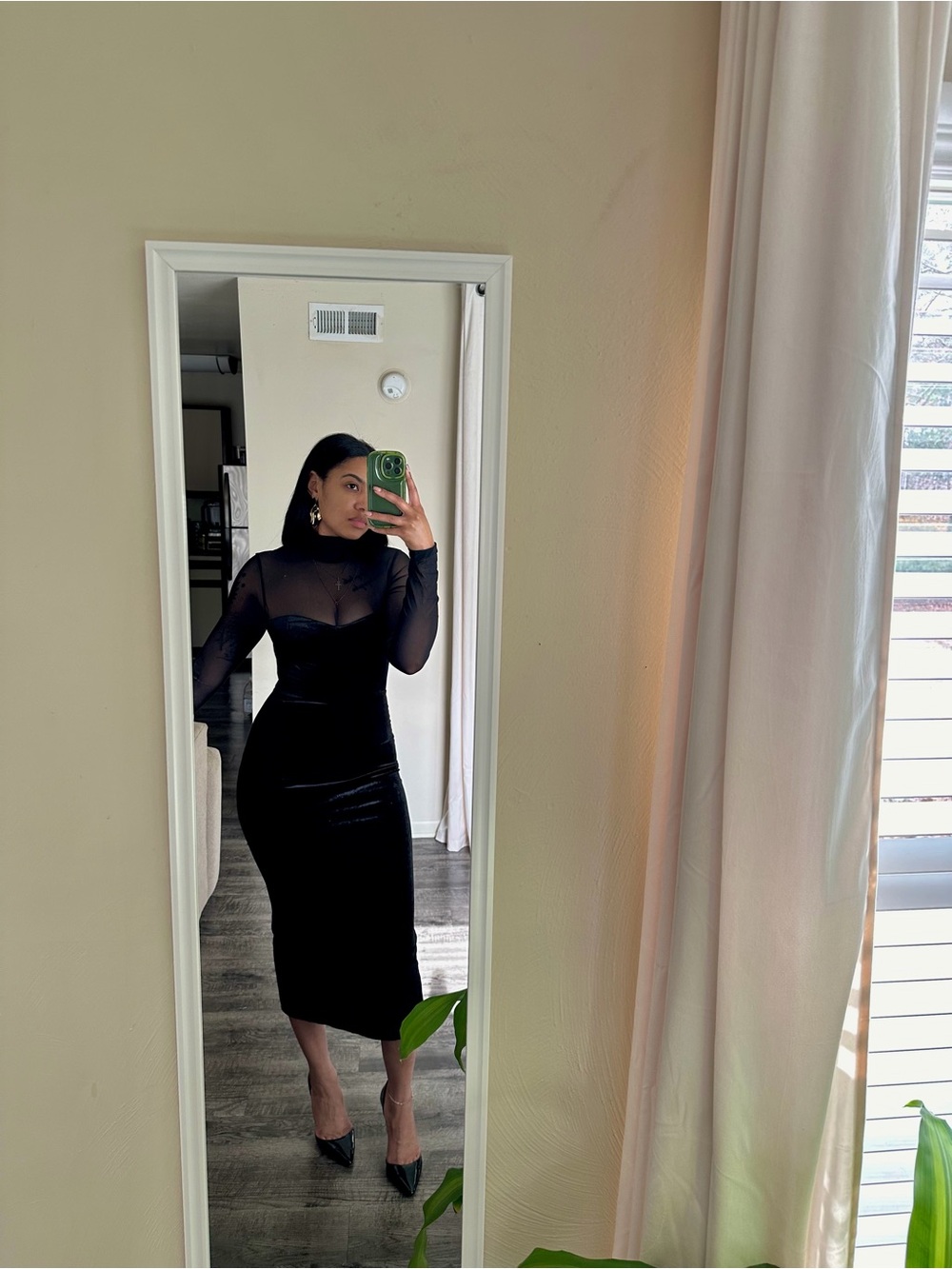 Sheer-Panel Long Sleeve Midi Dress in Black
